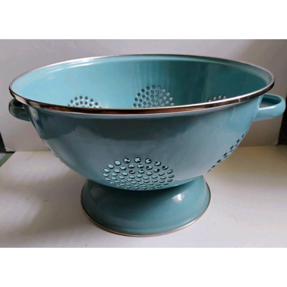 Vintage Teal Blue Enamelware 11" Colander Strainer Stainless Steel Rim - AS IS